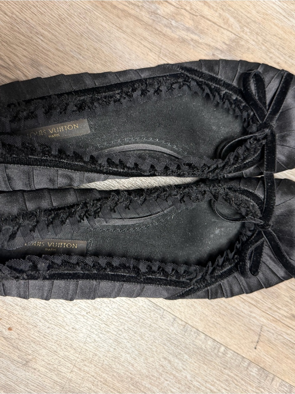 Louis Vuitton Black Satin Ruched Bow Ballet Flats